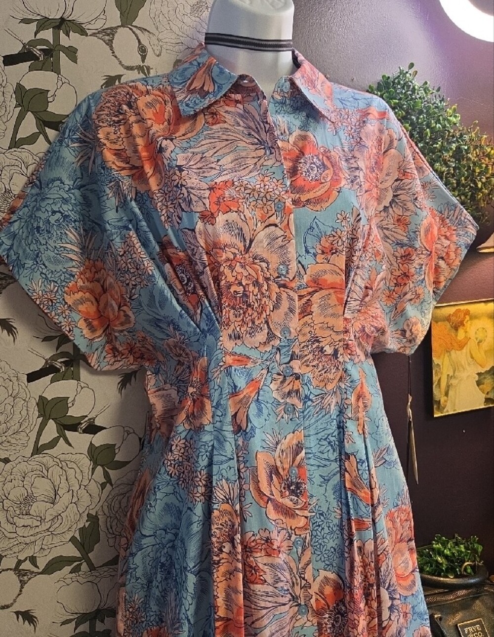 Pleated Floral Riot Shirt Dress By Nicole Miller -Bat Wing Style Sleeves - Sz 10 - Picture 5 of 10
